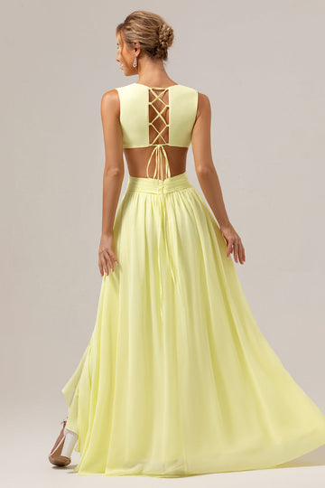 Vestido largo de dama de honor con cordones en la espalda y volantes de color amarillo limón